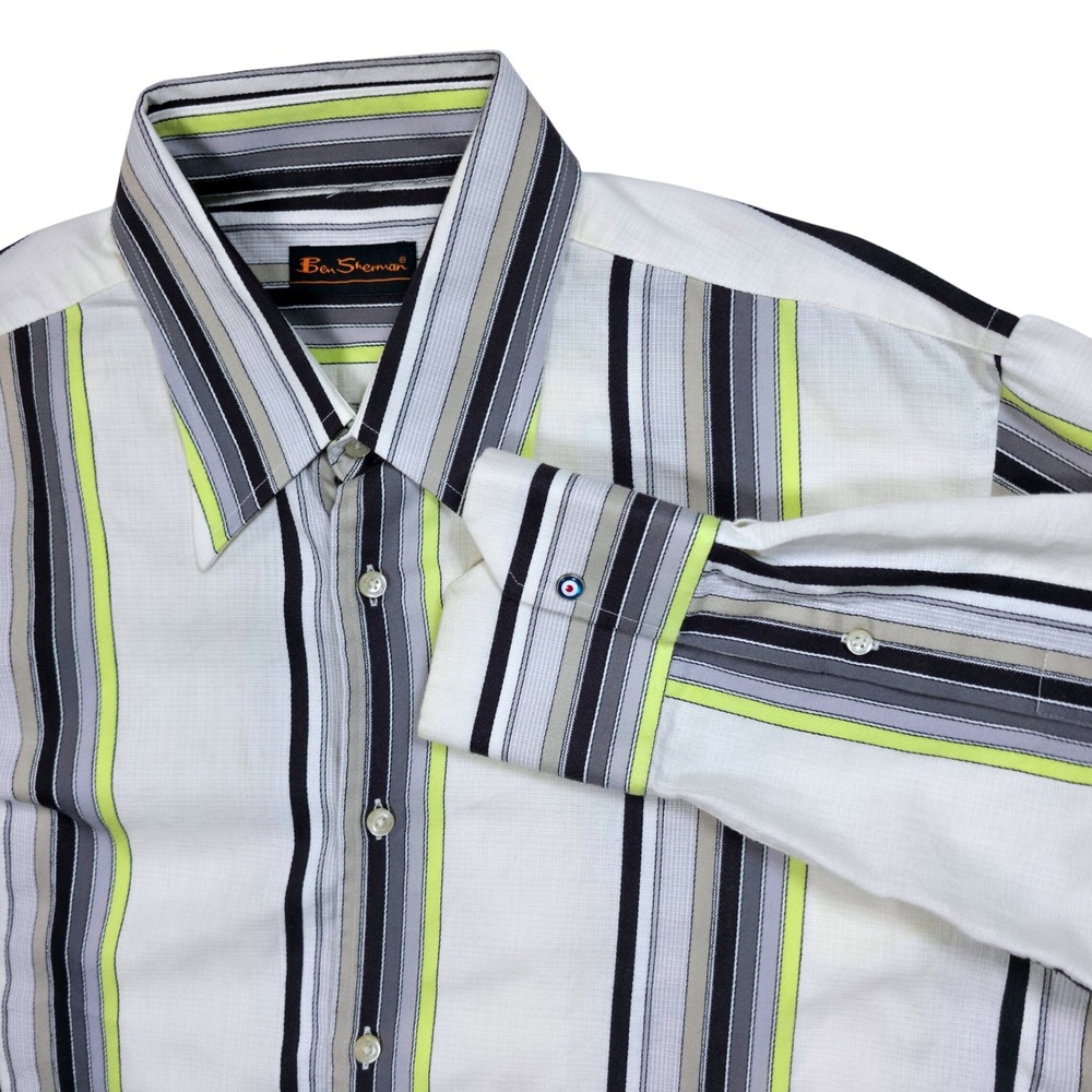 Ben Sherman Mens‎ Long Sleeve Button Down Shirt Striped White Lime Green MN126HF